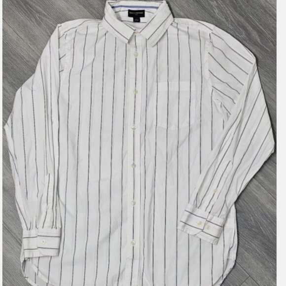 Banana Republic Shirt L Cotton White Navy Stripe Button Front Long Sleeve Pocket - Picture 2 of 9